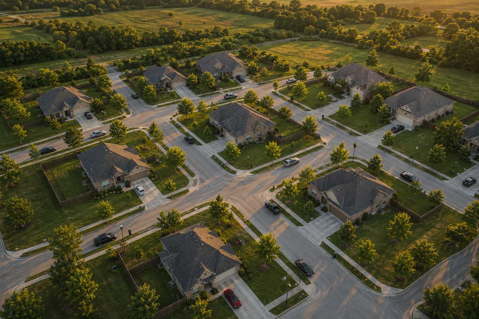 Aerial view of a single-family home neighborhood at dusk