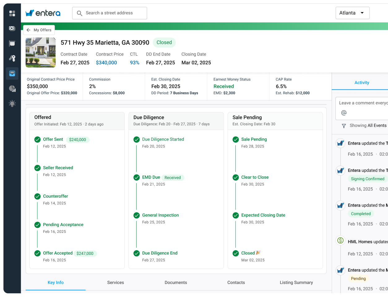 Entera transaction dashboard showing property pipeline and milestones